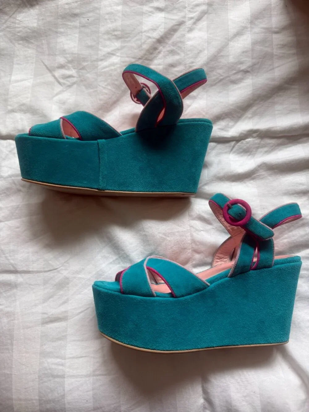 Studio Pollini Turquoise Suede Platform Sandals, size 38, made in Italy